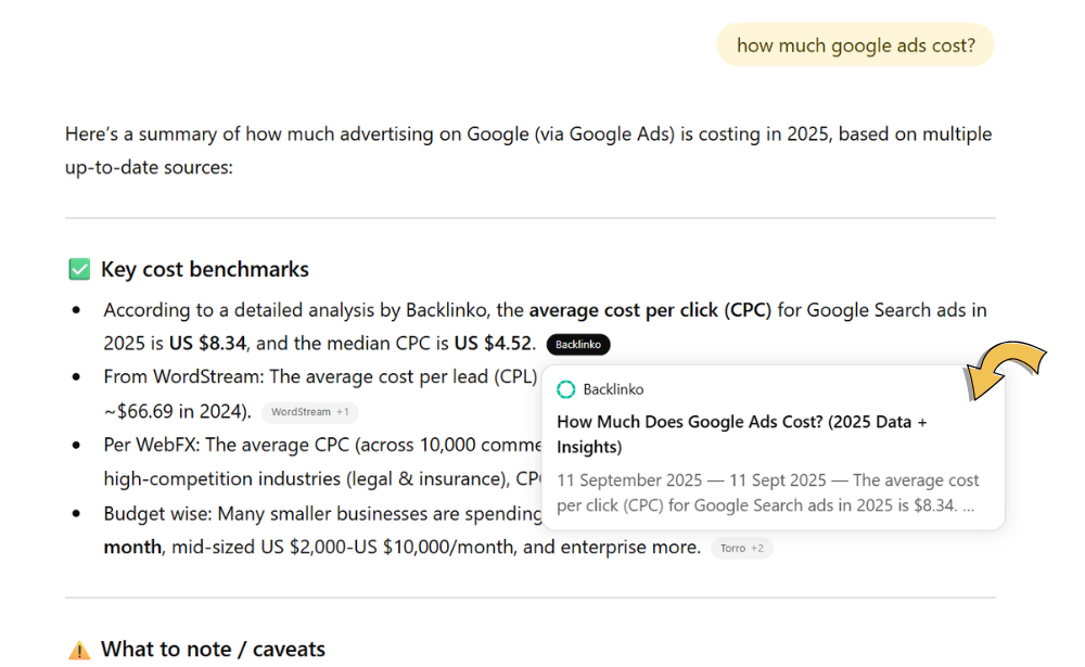ChatGPT answer citing Backlinko as a source